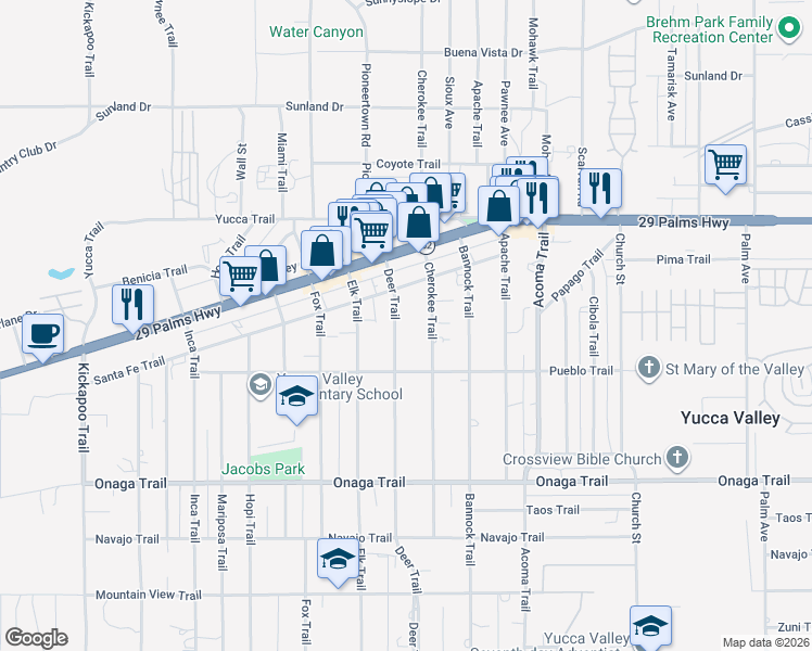map of restaurants, bars, coffee shops, grocery stores, and more near Deer Trail in Yucca Valley