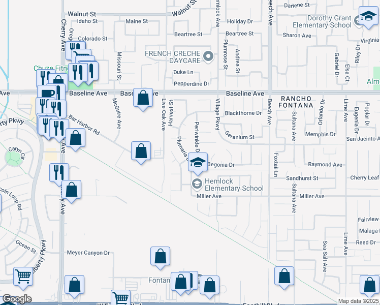 map of restaurants, bars, coffee shops, grocery stores, and more near 14981 Daisy Circle in Fontana