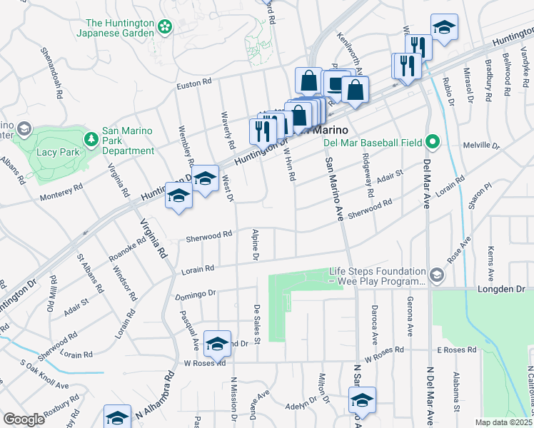 map of restaurants, bars, coffee shops, grocery stores, and more near 1744 Bedford Road in San Marino