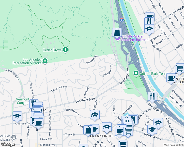 map of restaurants, bars, coffee shops, grocery stores, and more near 3631 Lowry Road in Los Angeles