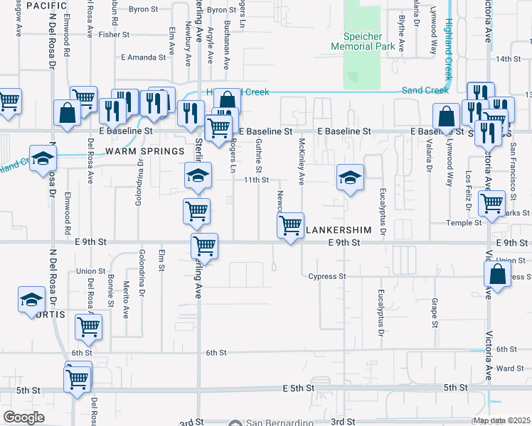 map of restaurants, bars, coffee shops, grocery stores, and more near 7523 Guthrie Street in San Bernardino