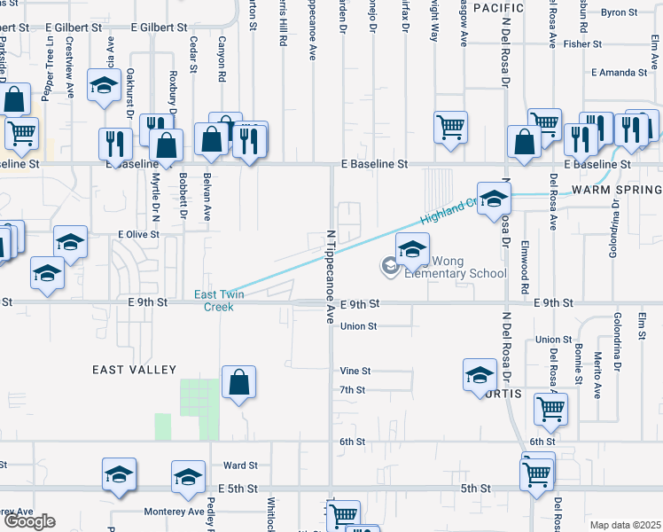 map of restaurants, bars, coffee shops, grocery stores, and more near 1155 North Tippecanoe Avenue in San Bernardino