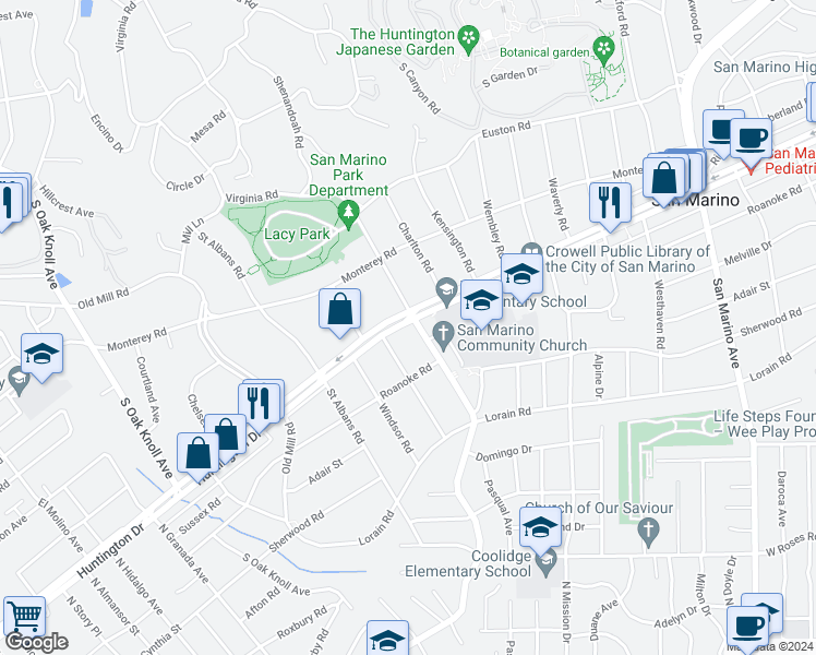 map of restaurants, bars, coffee shops, grocery stores, and more near 1701 Virginia Road in San Marino