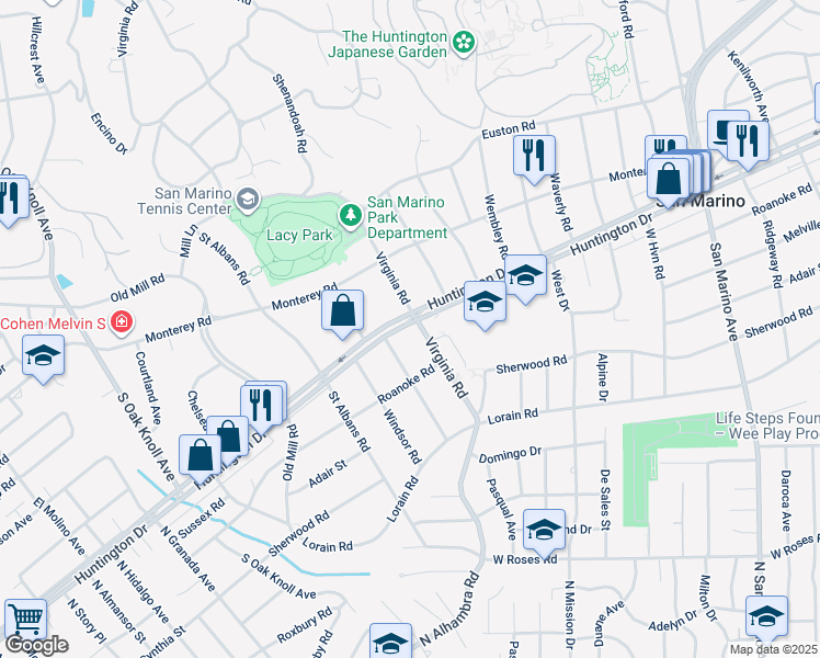 map of restaurants, bars, coffee shops, grocery stores, and more near 1701 Virginia Road in San Marino