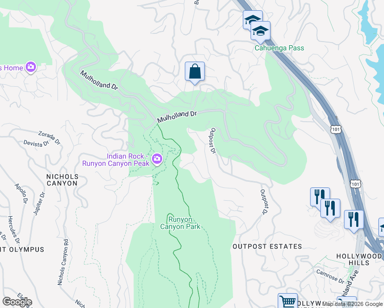 map of restaurants, bars, coffee shops, grocery stores, and more near 2666 Larmar Road in Los Angeles