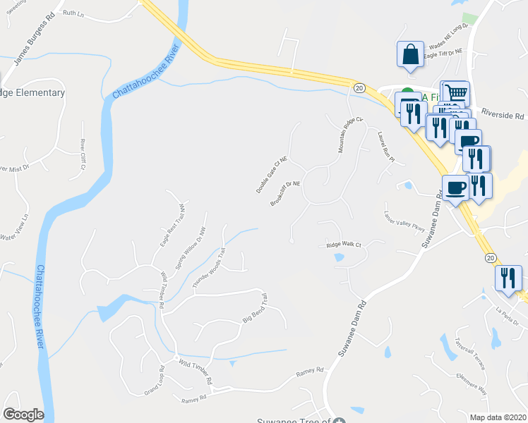 map of restaurants, bars, coffee shops, grocery stores, and more near 209 Brookcliff Drive Northeast in Sugar Hill