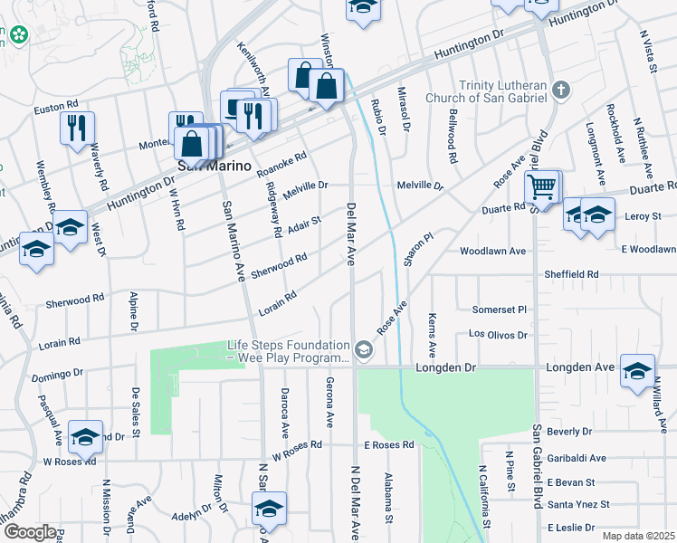 map of restaurants, bars, coffee shops, grocery stores, and more near 2510 Lorain Road in San Marino