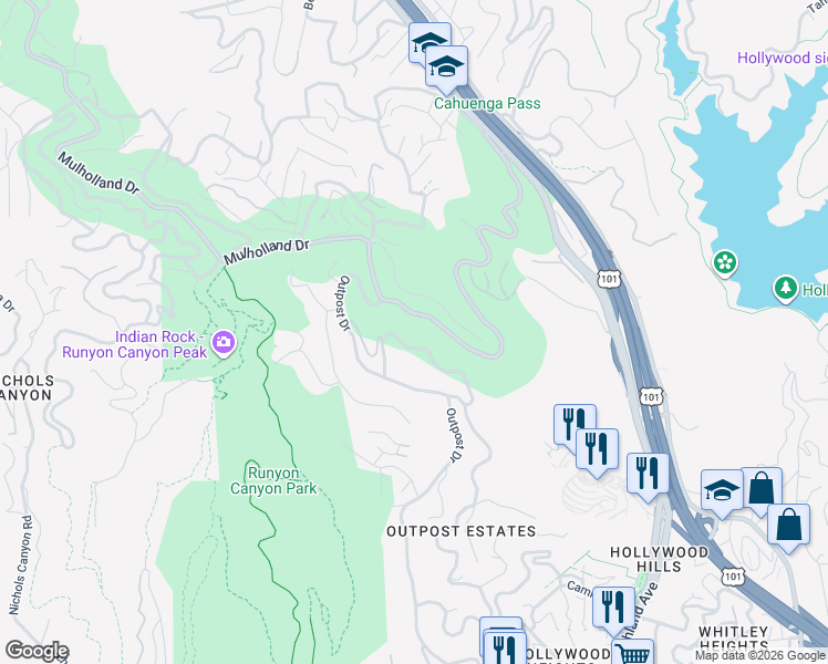 map of restaurants, bars, coffee shops, grocery stores, and more near 7141 Senalda Road in Los Angeles