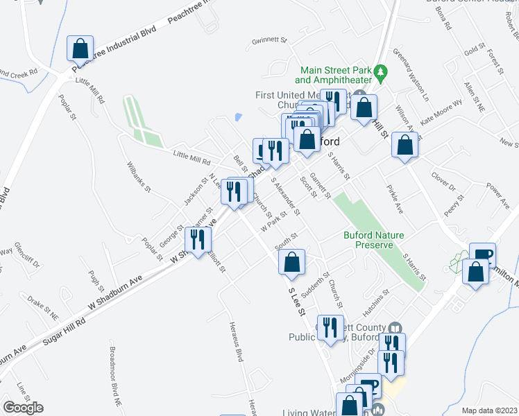 map of restaurants, bars, coffee shops, grocery stores, and more near 204 West Moreno Street in Buford