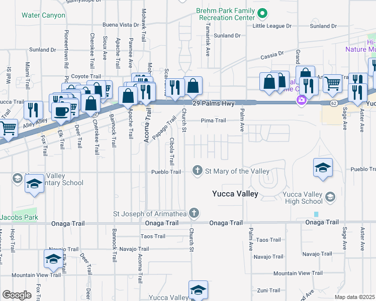 map of restaurants, bars, coffee shops, grocery stores, and more near 7439 Church Street in Yucca Valley