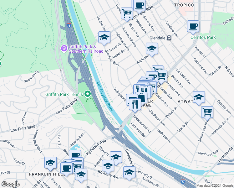 map of restaurants, bars, coffee shops, grocery stores, and more near 3732 Valleybrink Road in Los Angeles