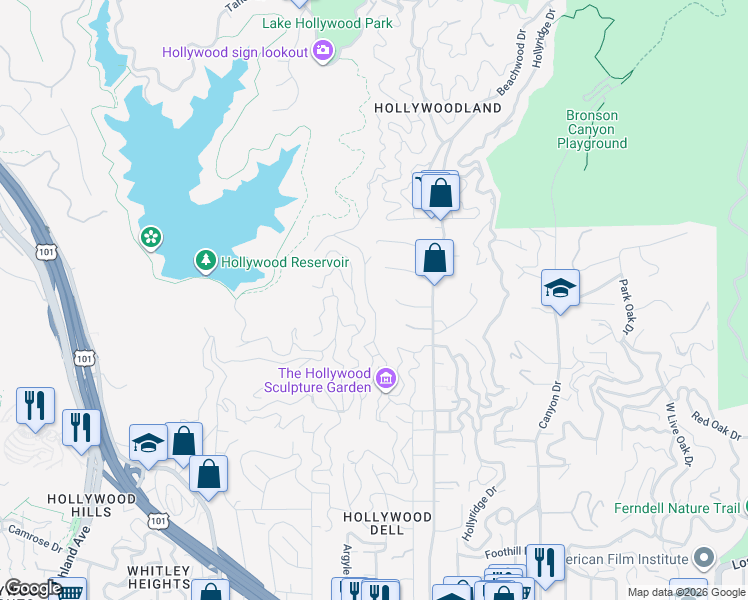 map of restaurants, bars, coffee shops, grocery stores, and more near 2650 Creston Drive in Los Angeles