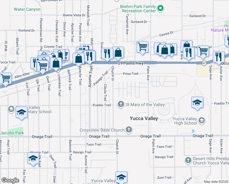 map of restaurants, bars, coffee shops, grocery stores, and more near 7439 Church Street in Yucca Valley