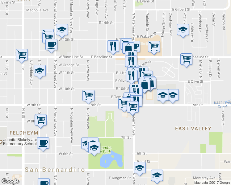 map of restaurants, bars, coffee shops, grocery stores, and more near 983 Wall Avenue in San Bernardino
