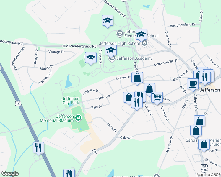 map of restaurants, bars, coffee shops, grocery stores, and more near 275 Skyline Drive in Jefferson