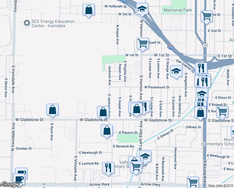 map of restaurants, bars, coffee shops, grocery stores, and more near 317 South Aspan Avenue in Azusa