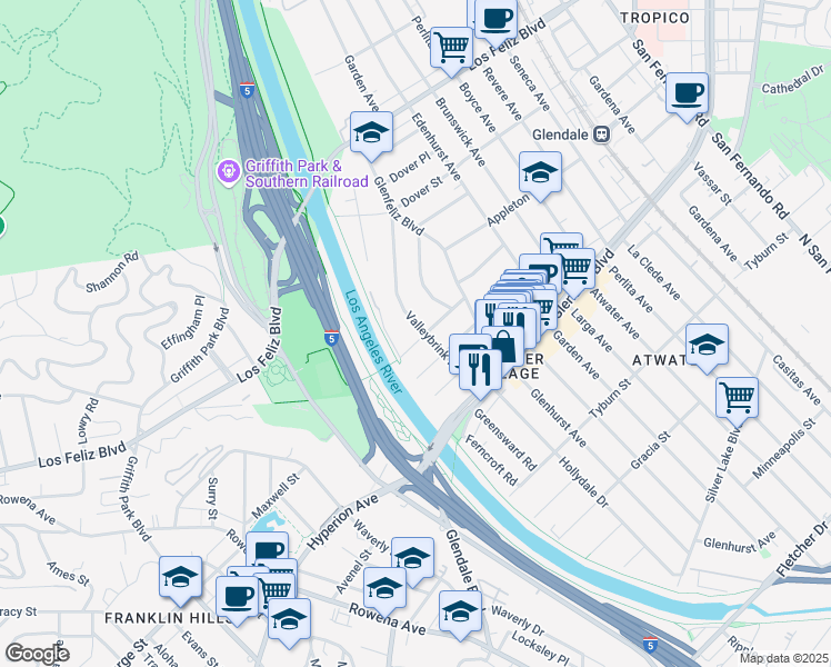map of restaurants, bars, coffee shops, grocery stores, and more near 3732 Valleybrink Road in Los Angeles