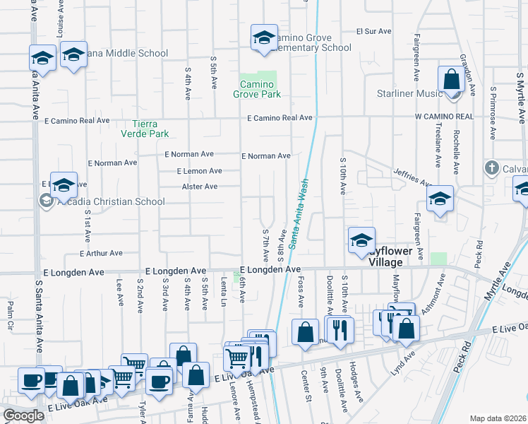 map of restaurants, bars, coffee shops, grocery stores, and more near 1920 South 7th Avenue in Arcadia