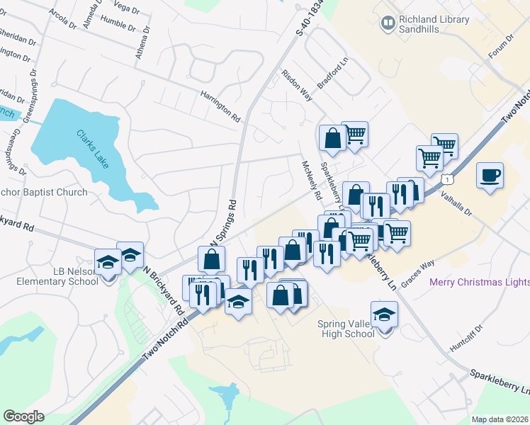 map of restaurants, bars, coffee shops, grocery stores, and more near 140 Windridge Road in Columbia
