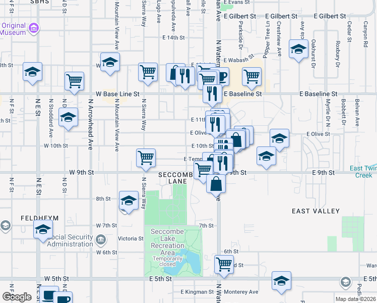 map of restaurants, bars, coffee shops, grocery stores, and more near 983 Wall Avenue in San Bernardino
