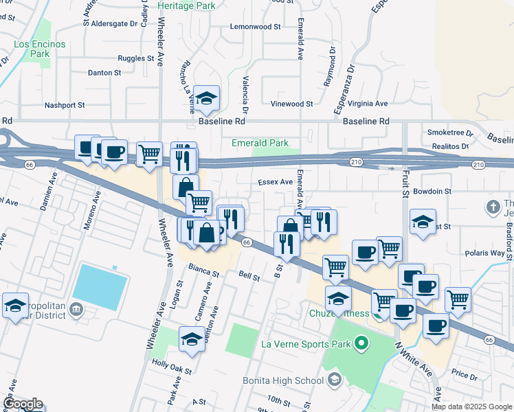 map of restaurants, bars, coffee shops, grocery stores, and more near 3888 Chelsea Drive in La Verne