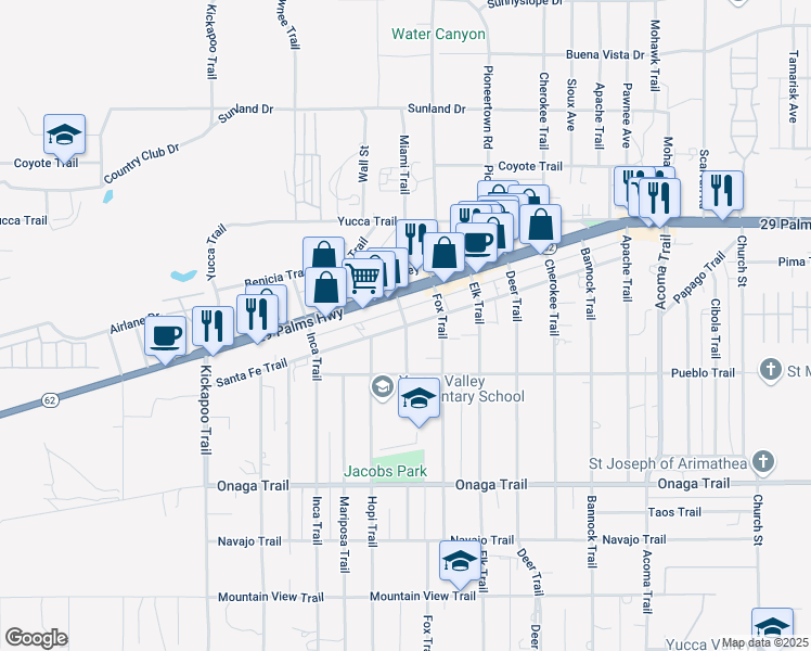 map of restaurants, bars, coffee shops, grocery stores, and more near Santa Fe Trail in Yucca Valley