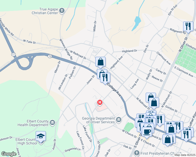 map of restaurants, bars, coffee shops, grocery stores, and more near 255 College Avenue in Elberton