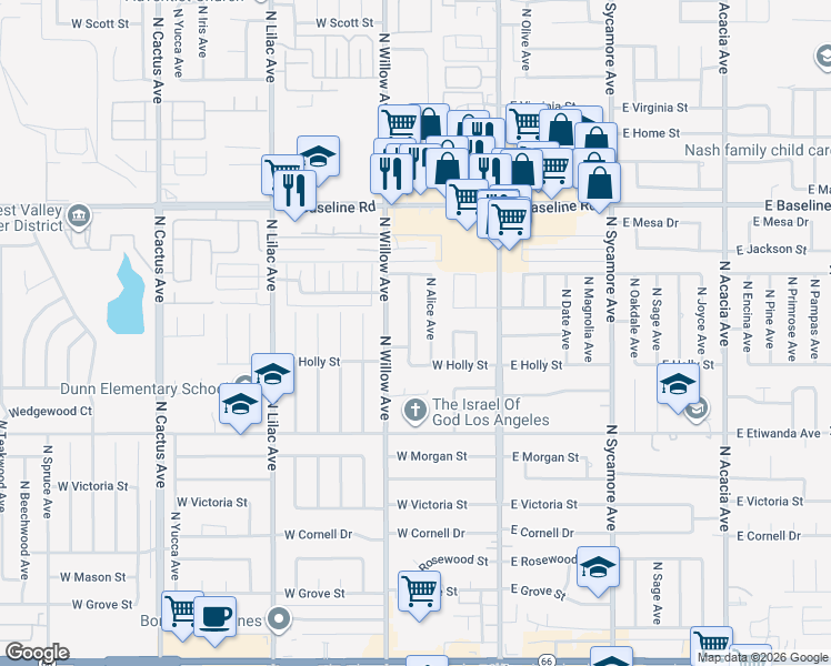 map of restaurants, bars, coffee shops, grocery stores, and more near 979 North Gardena Avenue in Rialto