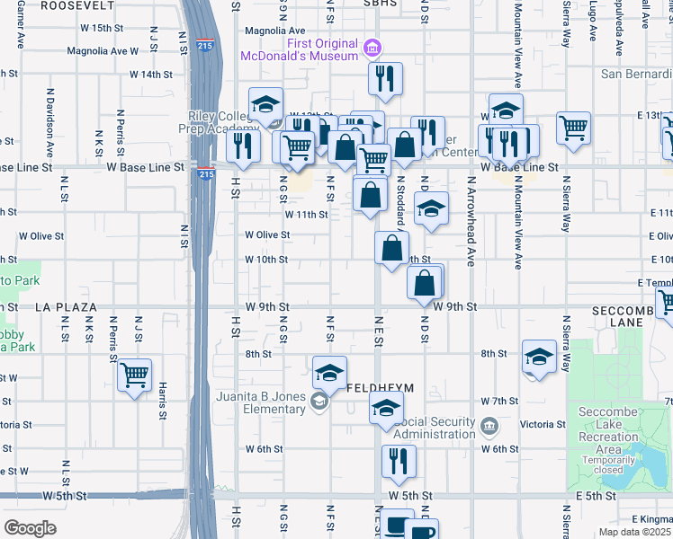 map of restaurants, bars, coffee shops, grocery stores, and more near 981 North F Street in San Bernardino
