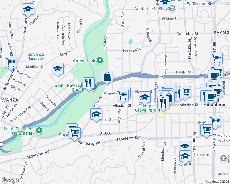 map of restaurants, bars, coffee shops, grocery stores, and more near 660 Forest Avenue in South Pasadena