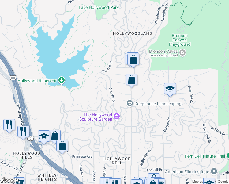 map of restaurants, bars, coffee shops, grocery stores, and more near 2650 Creston Drive in Los Angeles