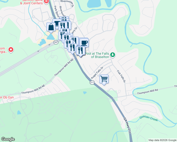 map of restaurants, bars, coffee shops, grocery stores, and more near 1723 Sahale Falls Drive in Braselton