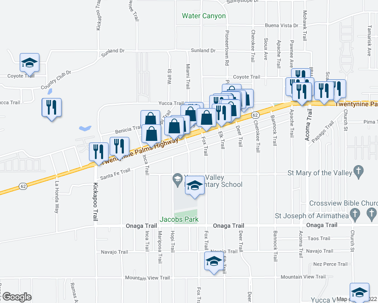 map of restaurants, bars, coffee shops, grocery stores, and more near 7448 Geronimo Trail in Yucca Valley