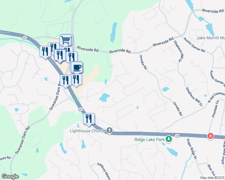 map of restaurants, bars, coffee shops, grocery stores, and more near 535 Emerald Parkway in Buford