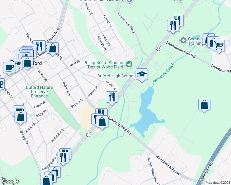 map of restaurants, bars, coffee shops, grocery stores, and more near 389 Mimosa Drive in Buford