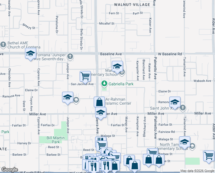 map of restaurants, bars, coffee shops, grocery stores, and more near 7516 Avocado Cove Drive in Fontana
