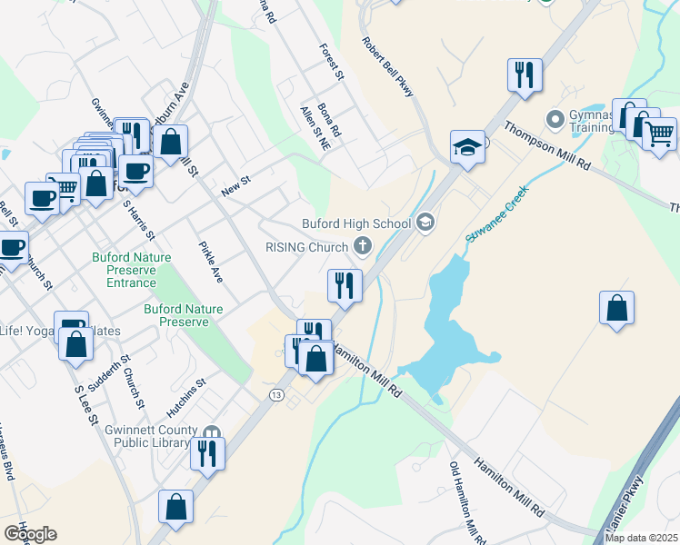 map of restaurants, bars, coffee shops, grocery stores, and more near 370 Mimosa Drive in Buford