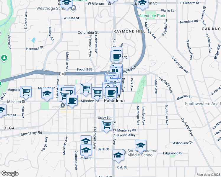 map of restaurants, bars, coffee shops, grocery stores, and more near 711 Fair Oaks Avenue in South Pasadena