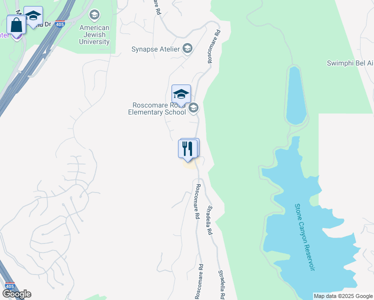 map of restaurants, bars, coffee shops, grocery stores, and more near 2345 Roscomare Road in Los Angeles