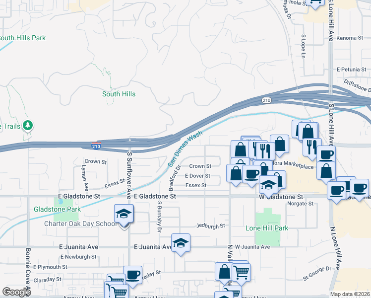 map of restaurants, bars, coffee shops, grocery stores, and more near 1114 East Allen Avenue in Glendora