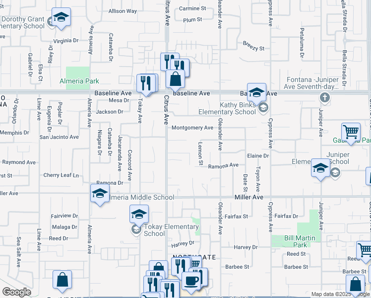 map of restaurants, bars, coffee shops, grocery stores, and more near 16160 Elaine Drive in Fontana