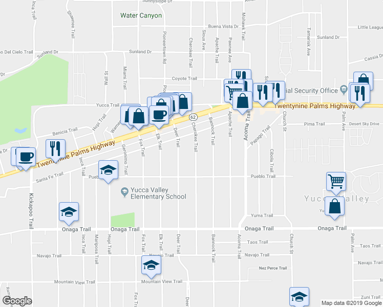 map of restaurants, bars, coffee shops, grocery stores, and more near 7425 Deer Trail in Yucca Valley