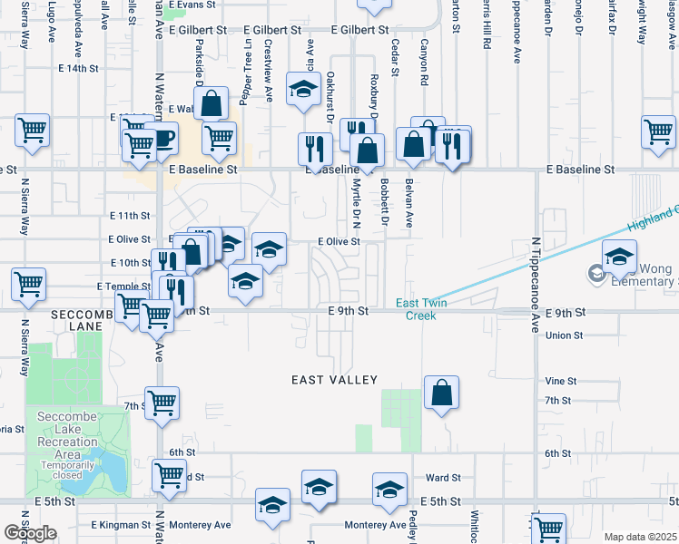 map of restaurants, bars, coffee shops, grocery stores, and more near 760 9th Street in San Bernardino