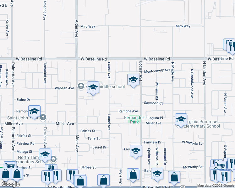 map of restaurants, bars, coffee shops, grocery stores, and more near 17975 San Jacinto Avenue in Fontana