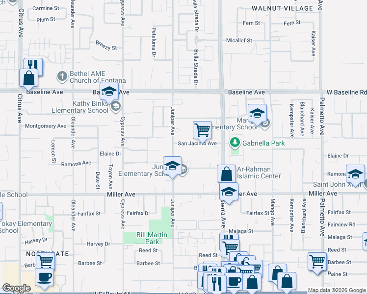 map of restaurants, bars, coffee shops, grocery stores, and more near 16735 San Jacinto Avenue in Fontana