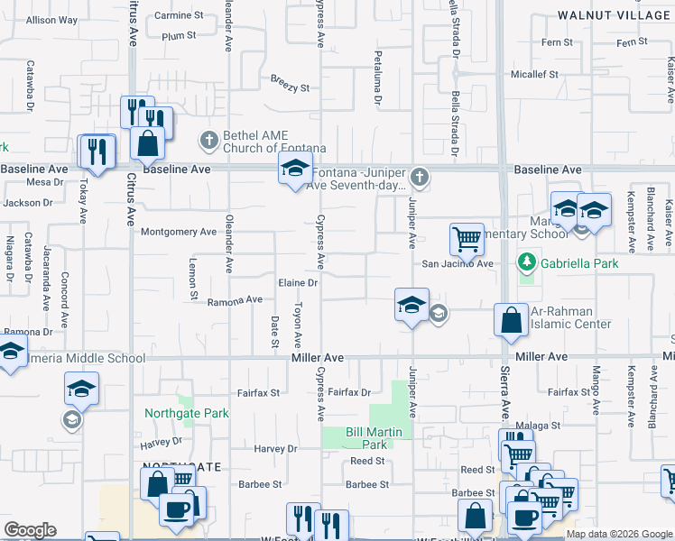 map of restaurants, bars, coffee shops, grocery stores, and more near 16510 Elaine Drive in Fontana