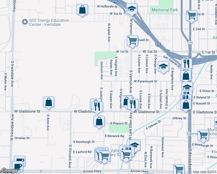 map of restaurants, bars, coffee shops, grocery stores, and more near 317 South Aspan Avenue in Azusa