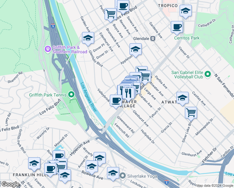 map of restaurants, bars, coffee shops, grocery stores, and more near 3043 Ingledale Terrace in Los Angeles