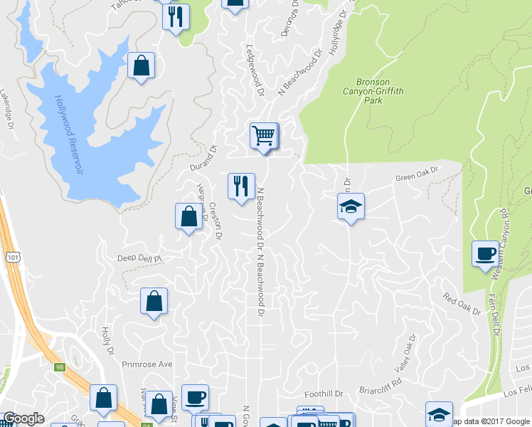 map of restaurants, bars, coffee shops, grocery stores, and more near in Los Angeles