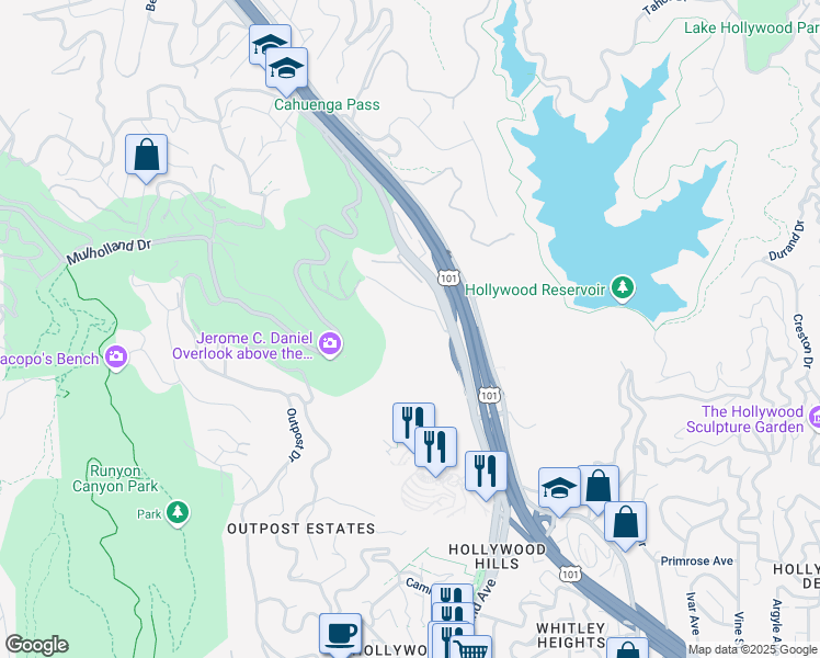 map of restaurants, bars, coffee shops, grocery stores, and more near 6702 Hillpark Drive in Los Angeles